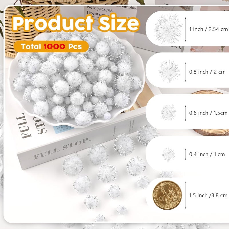 NACHLYNN 1000 Glitter Pom Poms Bulk 4 Sizes Assorted Soft Fluffy Pom Poms for Crafts DlY Decorations Activities with A Storage Bag (White) - Image 2